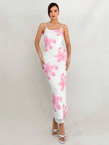 Romantic Date Spaghetti Strap Floral Printed Maxi Bodycon Dress For Women