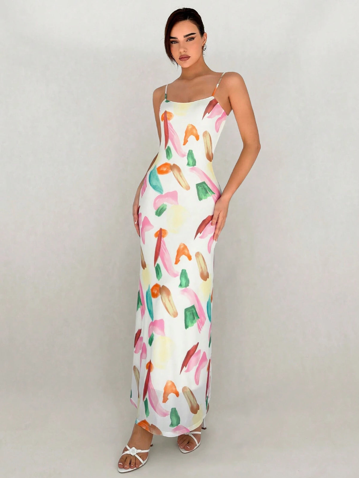 Romantic Date Spaghetti Strap Slim Fit Long Mesh Dress With Brush Stroke Print For Women,