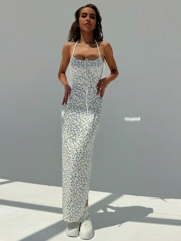 Romantic Date V-Neck Lace Splicing Slit Hem Bodycon Dress With Neck Tie For Women