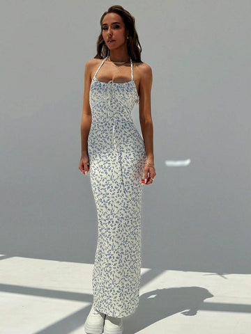 Romantic Date V-Neck Lace Splicing Slit Hem Bodycon Dress With Neck Tie For Women
