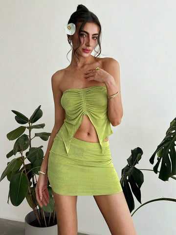 Romantic Date & Vacation Spring/Summer Strapless Tight Fit Dress With Pleated Irregular Hemline + Mini Low-Waist Skirt Set For Women