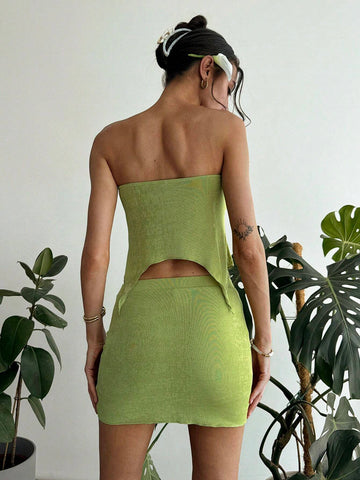 Romantic Date & Vacation Spring/Summer Strapless Tight Fit Dress With Pleated Irregular Hemline + Mini Low-Waist Skirt Set For Women