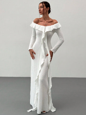 Romantic Elegant White Faux Fur Off Shoulder Long Sleeve Bodycon Dress With Ruffle Trim