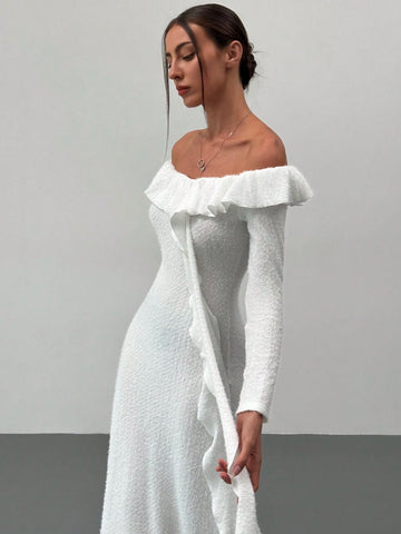 Romantic Elegant White Faux Fur Off Shoulder Long Sleeve Bodycon Dress With Ruffle Trim