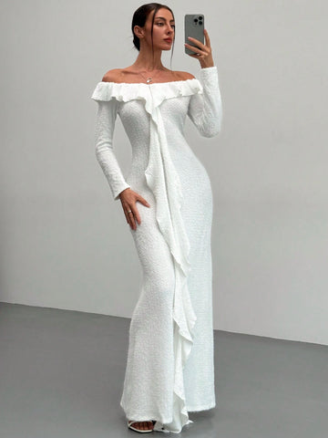 Romantic Elegant White Faux Fur Off Shoulder Long Sleeve Bodycon Dress With Ruffle Trim