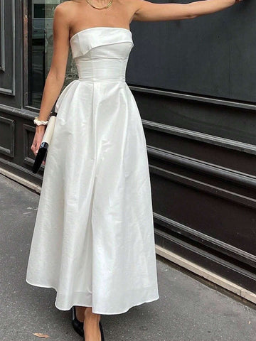 Simple And Elegant White Strapless Ball Gown Dress With Fitted Bodice And Flared Hemline For Women