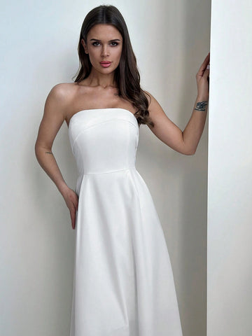 Simple And Elegant White Strapless Ball Gown Dress With Fitted Bodice And Flared Hemline For Women