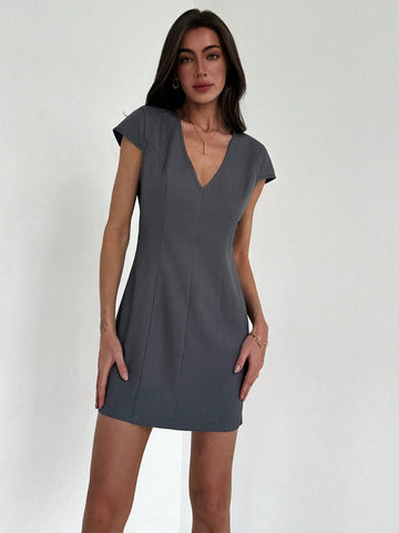 Simple Commuter Style Tight Deep V-Neck Dress For Women