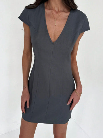 Simple Commuter Style Tight Deep V-Neck Dress For Women