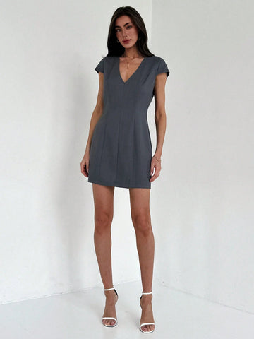 Simple Commuter Style Tight Deep V-Neck Dress For Women
