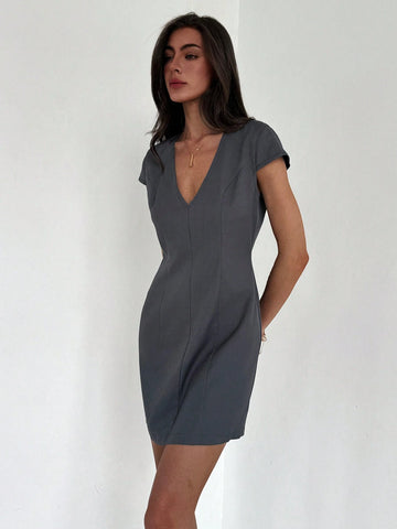 Simple Commuter Style Tight Deep V-Neck Dress For Women