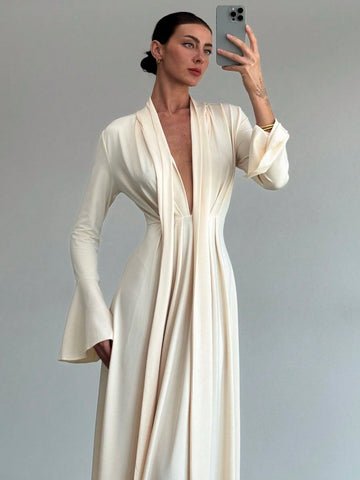Simple & Elegant Self-Scarf Decor Long Sleeve Flare Cuff Cinched Waist Flared Hem Dress, Apricot
