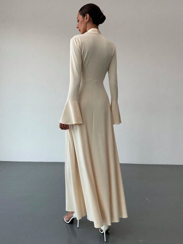 Simple & Elegant Self-Scarf Decor Long Sleeve Flare Cuff Cinched Waist Flared Hem Dress, Apricot