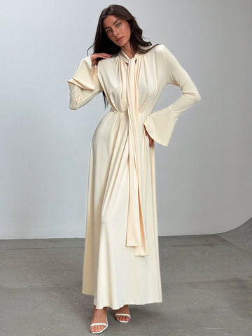 Simple & Elegant Self-Scarf Decor Long Sleeve Flare Cuff Cinched Waist Flared Hem Dress, Apricot