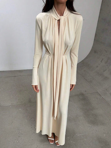 Simple & Elegant Self-Scarf Decor Long Sleeve Flare Cuff Cinched Waist Flared Hem Dress, Apricot