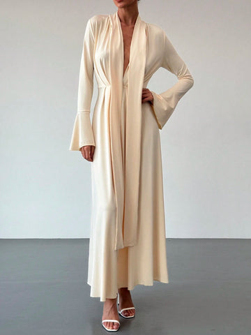 Simple & Elegant Self-Scarf Decor Long Sleeve Flare Cuff Cinched Waist Flared Hem Dress, Apricot