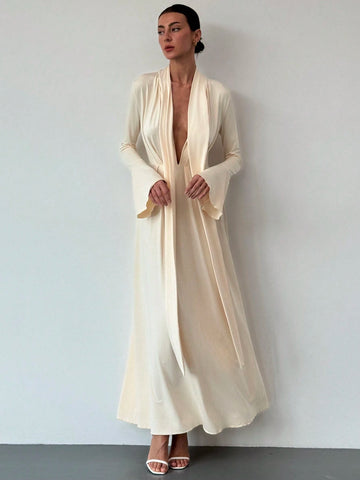 Simple & Elegant Self-Scarf Decor Long Sleeve Flare Cuff Cinched Waist Flared Hem Dress, Apricot