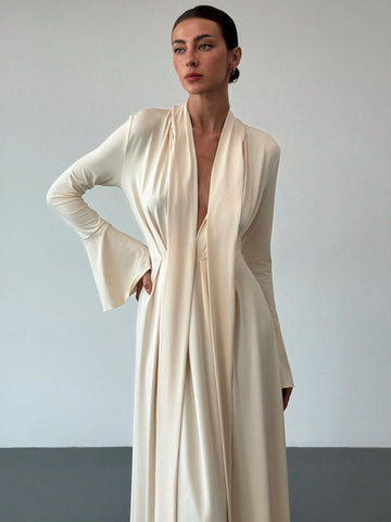 Simple & Elegant Self-Scarf Decor Long Sleeve Flare Cuff Cinched Waist Flared Hem Dress, Apricot