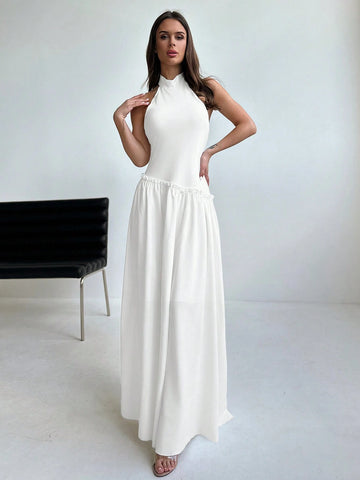 Sleeveless Mesh Splice Halter Neck Slim Fit Dress With Umbrella Hemline For Women