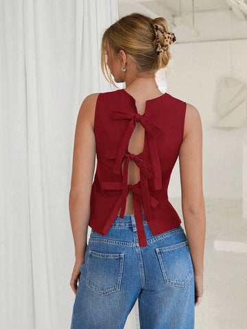 Solid Color Crew Neck Sleeveless Back Tie Simple Casual Top