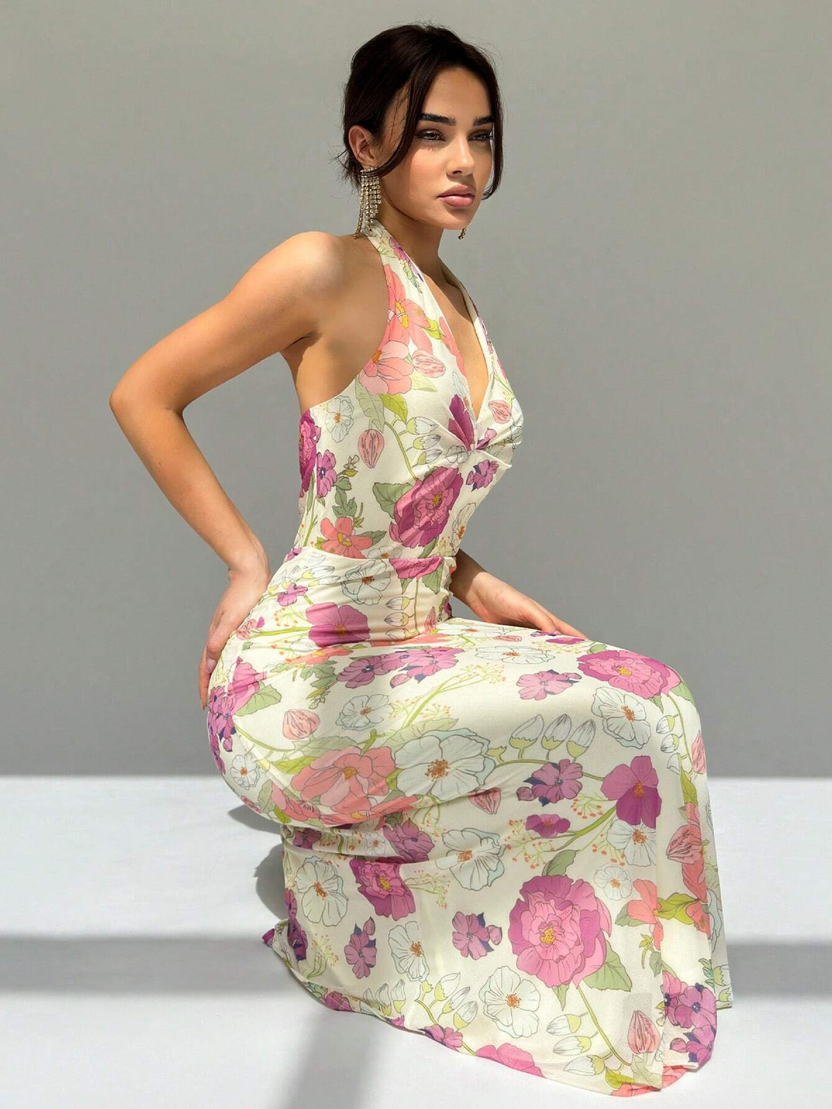 Spring/Summer Vacation Mesh Floral Printed Romantic Dating Halter Deep V-Neck Bodycon Long Dress