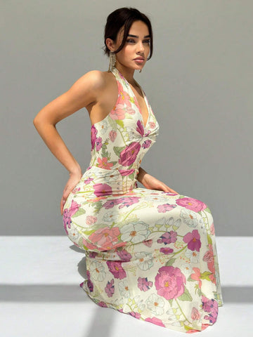 Spring/Summer Vacation Mesh Floral Printed Romantic Dating Halter Deep V-Neck Bodycon Long Dress