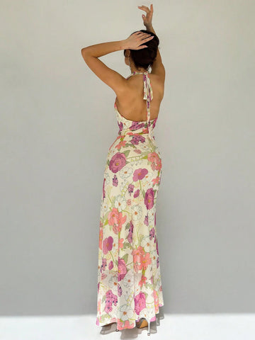 Spring/Summer Vacation Mesh Floral Printed Romantic Dating Halter Deep V-Neck Bodycon Long Dress