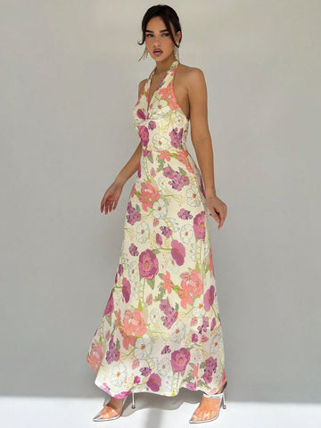 Spring/Summer Vacation Mesh Floral Printed Romantic Dating Halter Deep V-Neck Bodycon Long Dress
