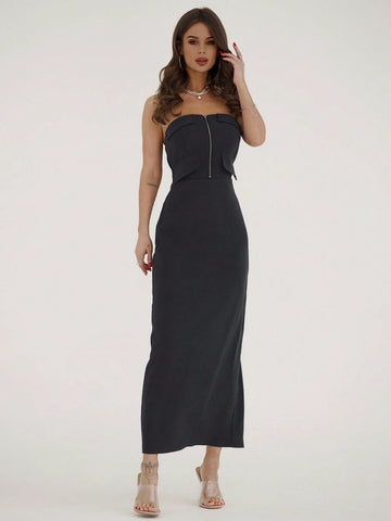 Spring & Summer Elegant Office Commute Back Zipper Split Sleeveless Dress