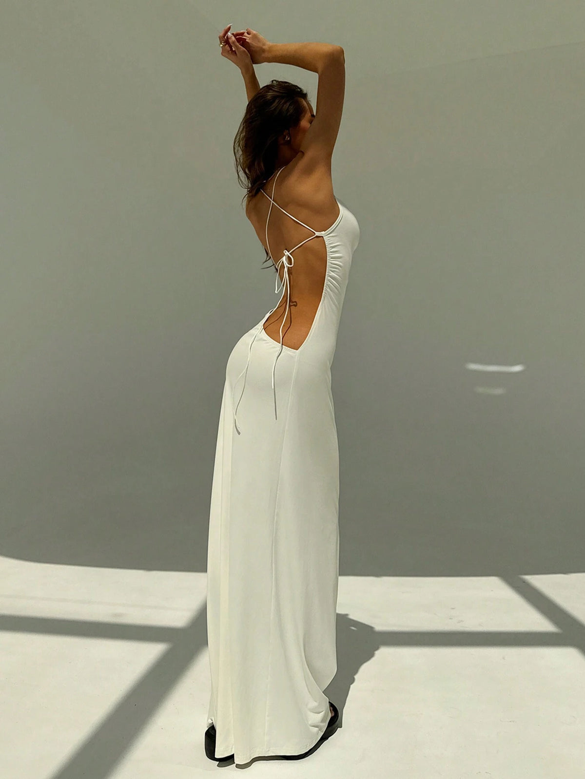 White Ball Gown Spaghetti Strap Backless Tight Draped Neck Long Women's Dress