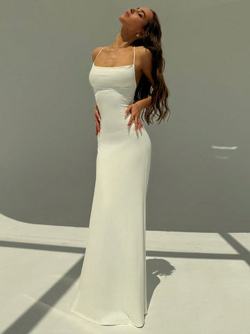 White Ball Gown Spaghetti Strap Backless Tight Draped Neck Long Women's Dress
