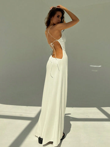 White Ball Gown Spaghetti Strap Backless Tight Draped Neck Long Women's Dress
