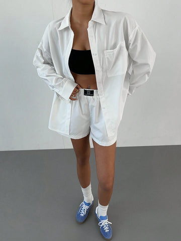 White Button Up Shirt 2pc,Long Sleeve Women Blouses 2pc,Women Fall Suit,Whire 2pc, Commuter Suit, Women's Fashionable And Elegant Business Commuter Shirt Suit, Daily Casual Street Y2K Suit, White Shirt Suit, Loose Shirt + Shorts Casual 2-Piece Set