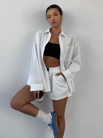 White Button Up Shirt 2pc,Long Sleeve Women Blouses 2pc,Women Fall Suit,Whire 2pc, Commuter Suit, Women's Fashionable And Elegant Business Commuter Shirt Suit, Daily Casual Street Y2K Suit, White Shirt Suit, Loose Shirt + Shorts Casual 2-Piece Set