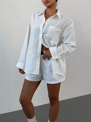 White Button Up Shirt 2pc,Long Sleeve Women Blouses 2pc,Women Fall Suit,Whire 2pc, Commuter Suit, Women's Fashionable And Elegant Business Commuter Shirt Suit, Daily Casual Street Y2K Suit, White Shirt Suit, Loose Shirt + Shorts Casual 2-Piece Set