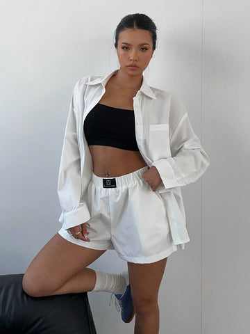 White Button Up Shirt 2pc,Long Sleeve Women Blouses 2pc,Women Fall Suit,Whire 2pc, Commuter Suit, Women's Fashionable And Elegant Business Commuter Shirt Suit, Daily Casual Street Y2K Suit, White Shirt Suit, Loose Shirt + Shorts Casual 2-Piece Set