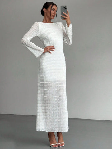 White Romantic Date Elegant Long Sleeve Backless Textured Dress For Women