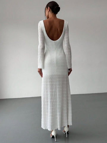 White Romantic Date Elegant Long Sleeve Backless Textured Dress For Women