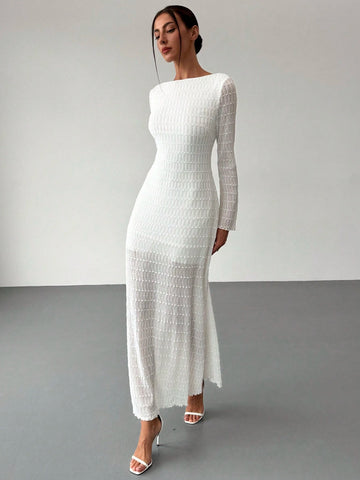 White Romantic Date Elegant Long Sleeve Backless Textured Dress For Women