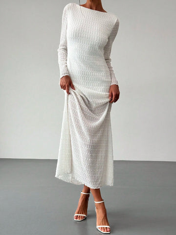 White Romantic Date Elegant Long Sleeve Backless Textured Dress For Women