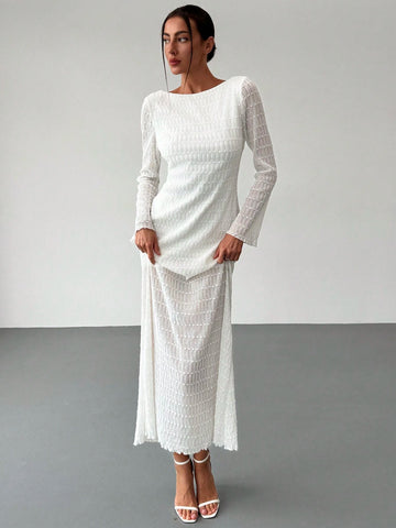 White Romantic Date Elegant Long Sleeve Backless Textured Dress For Women