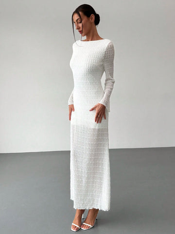 White Romantic Date Elegant Long Sleeve Backless Textured Dress For Women