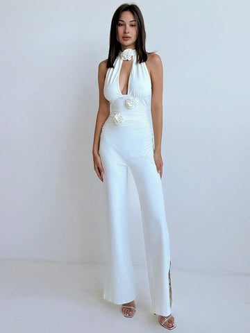 White Romantic Dating Spring/Summer Vacation Halter-Neck Sleeveless Slim-Fit Floral Jumpsuit With Slits For Women