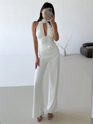 White Romantic Dating Spring/Summer Vacation Halter-Neck Sleeveless Slim-Fit Floral Jumpsuit With Slits For Women