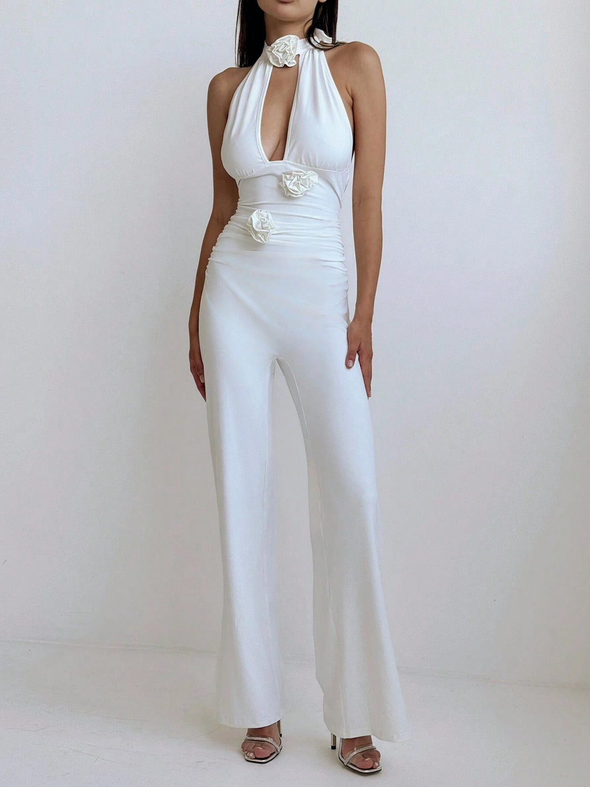 White Romantic Dating Spring/Summer Vacation Halter-Neck Sleeveless Slim-Fit Floral Jumpsuit With Slits For Women