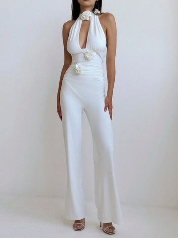 White Romantic Dating Spring/Summer Vacation Halter-Neck Sleeveless Slim-Fit Floral Jumpsuit With Slits For Women