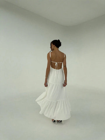 White Romantic Vacation Dating Spaghetti Strap Ruched Waist Umbrella Dress With Backless Tie Fo