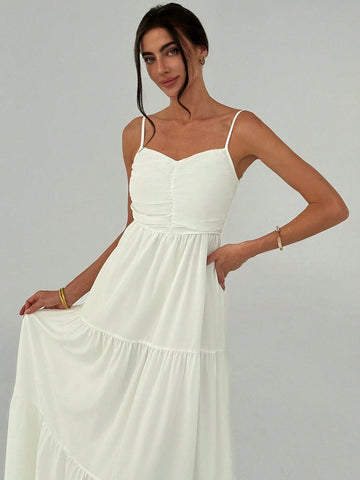 White Romantic Vacation Dating Spaghetti Strap Ruched Waist Umbrella Dress With Backless Tie Fo