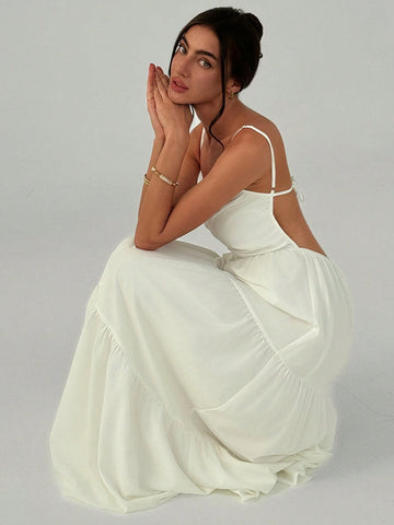 White Romantic Vacation Dating Spaghetti Strap Ruched Waist Umbrella Dress With Backless Tie Fo
