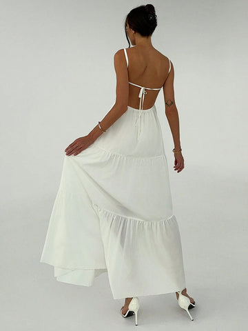 White Romantic Vacation Dating Spaghetti Strap Ruched Waist Umbrella Dress With Backless Tie Fo